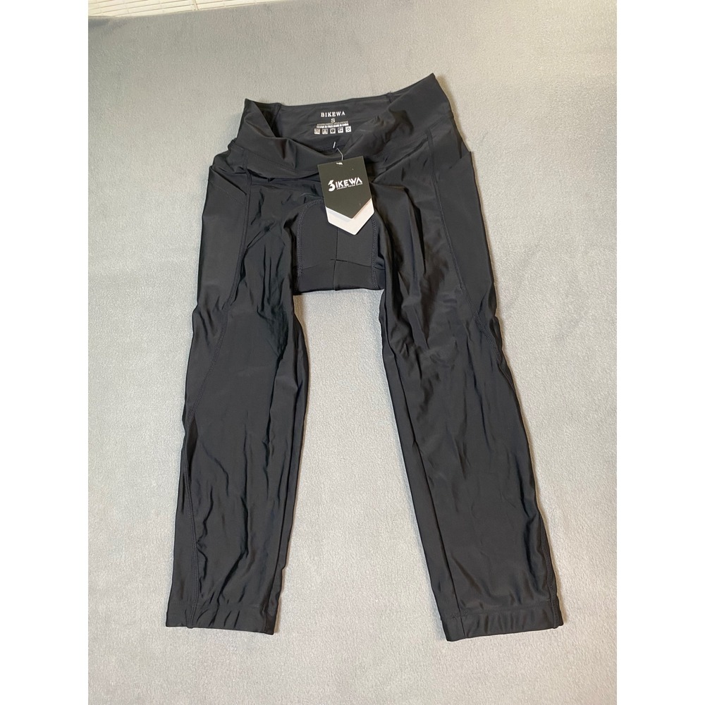 Bikewa Womens Black Padded Cycling Capris Cropped Leggings Pockets Size S NEW